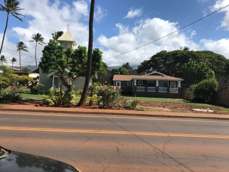 A residential house and a church with a bell tower surrounded by tropical plants under a sunny sky